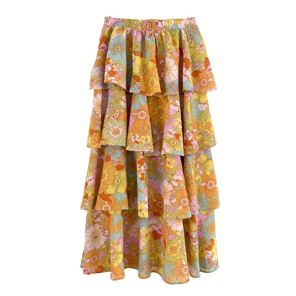 Show Me Your MuMu Jasmine Tiered Ruffle Hibiscus Daze Skirt S